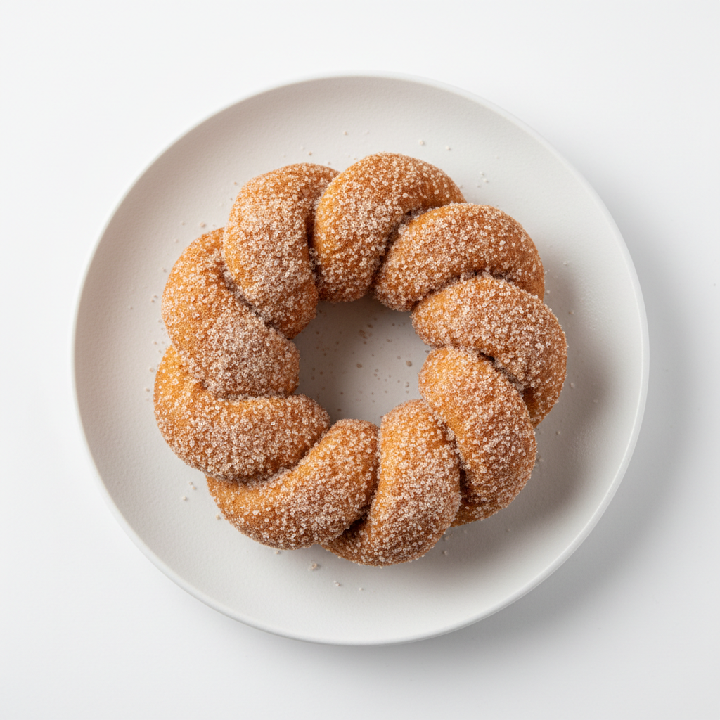 Twisted donut coated in cinnamon and sugar