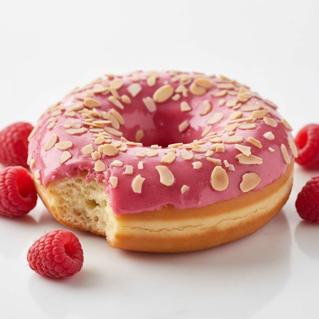 Vegan Raspberry Almond donut on a clean white background