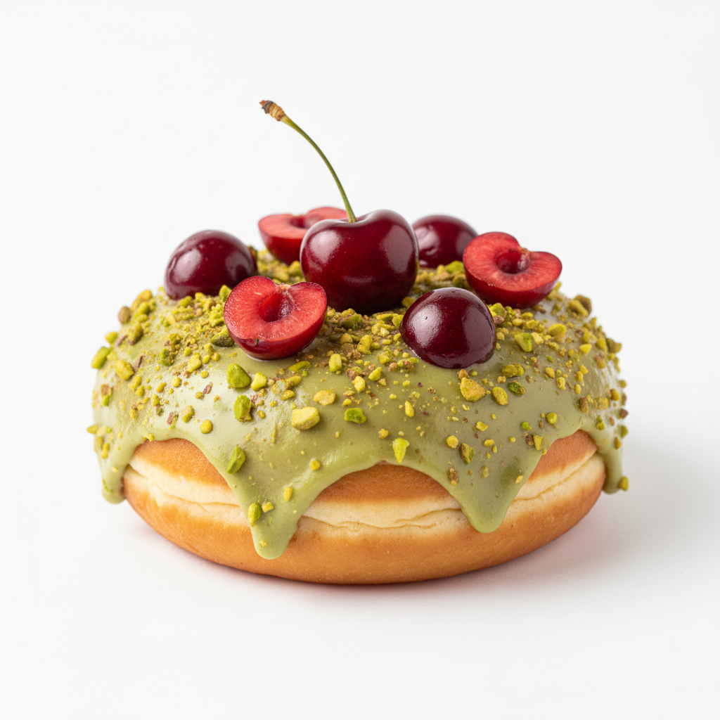 Vegan Pistachio Cherry Bliss donut on a clean white background