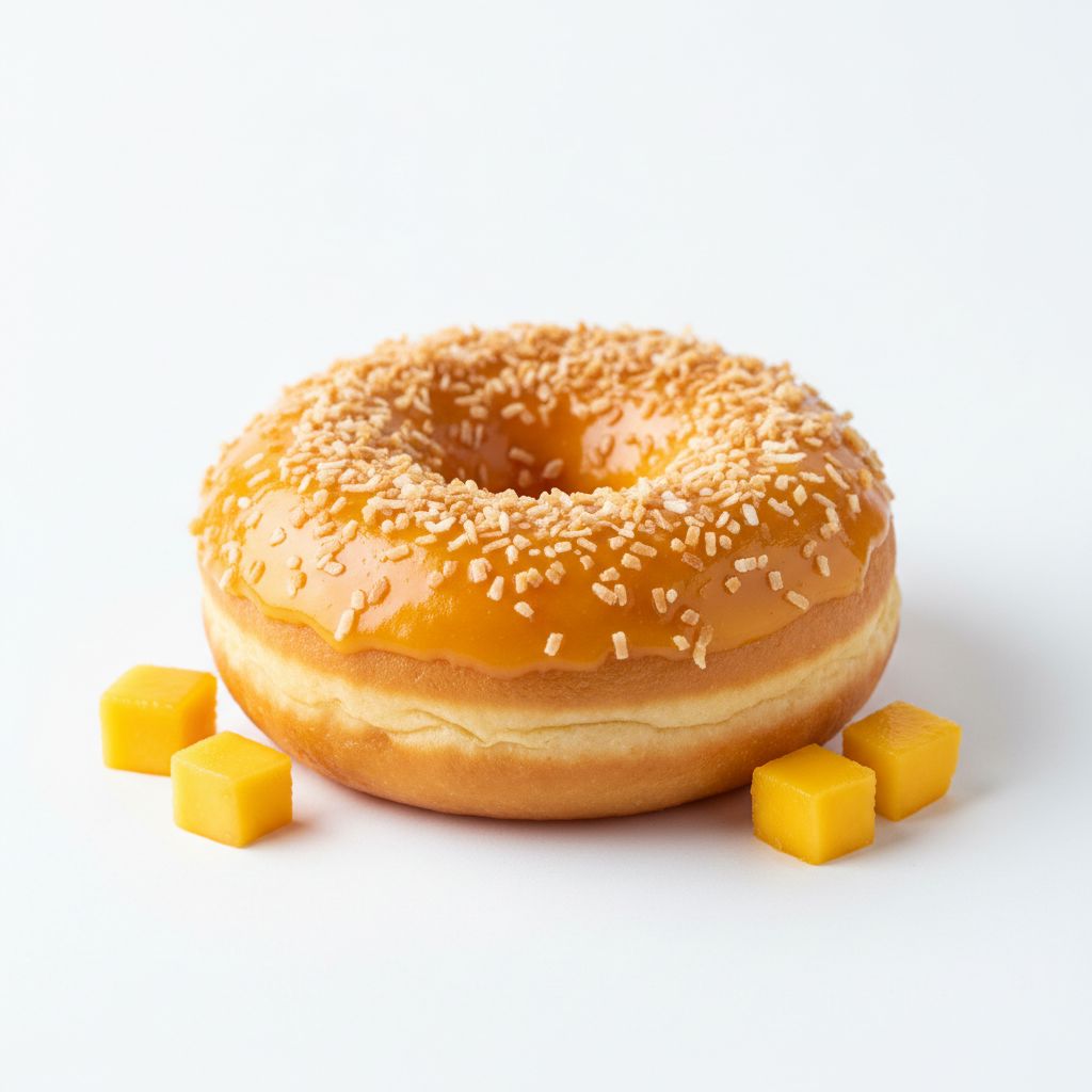 Vegan Coconut Mango Delight donut on a clean white background