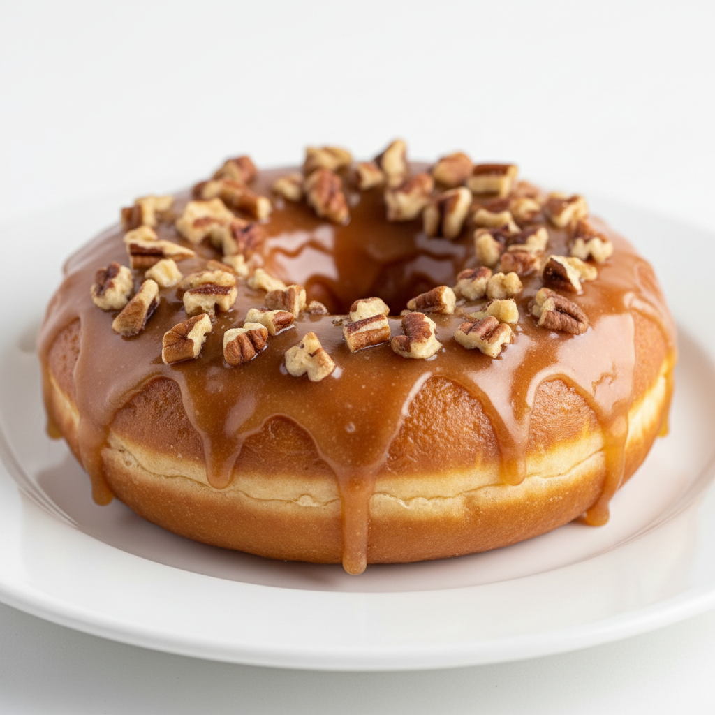 Vegan Maple Pecan donut on a clean white background